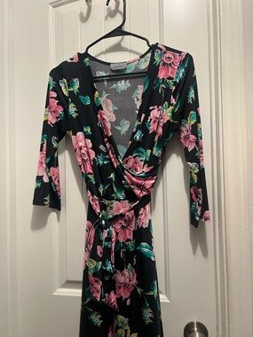Floral Wrap Midi Dress - Black with Pink Floral